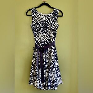 Navy and White Geometric Dress with Ribbon